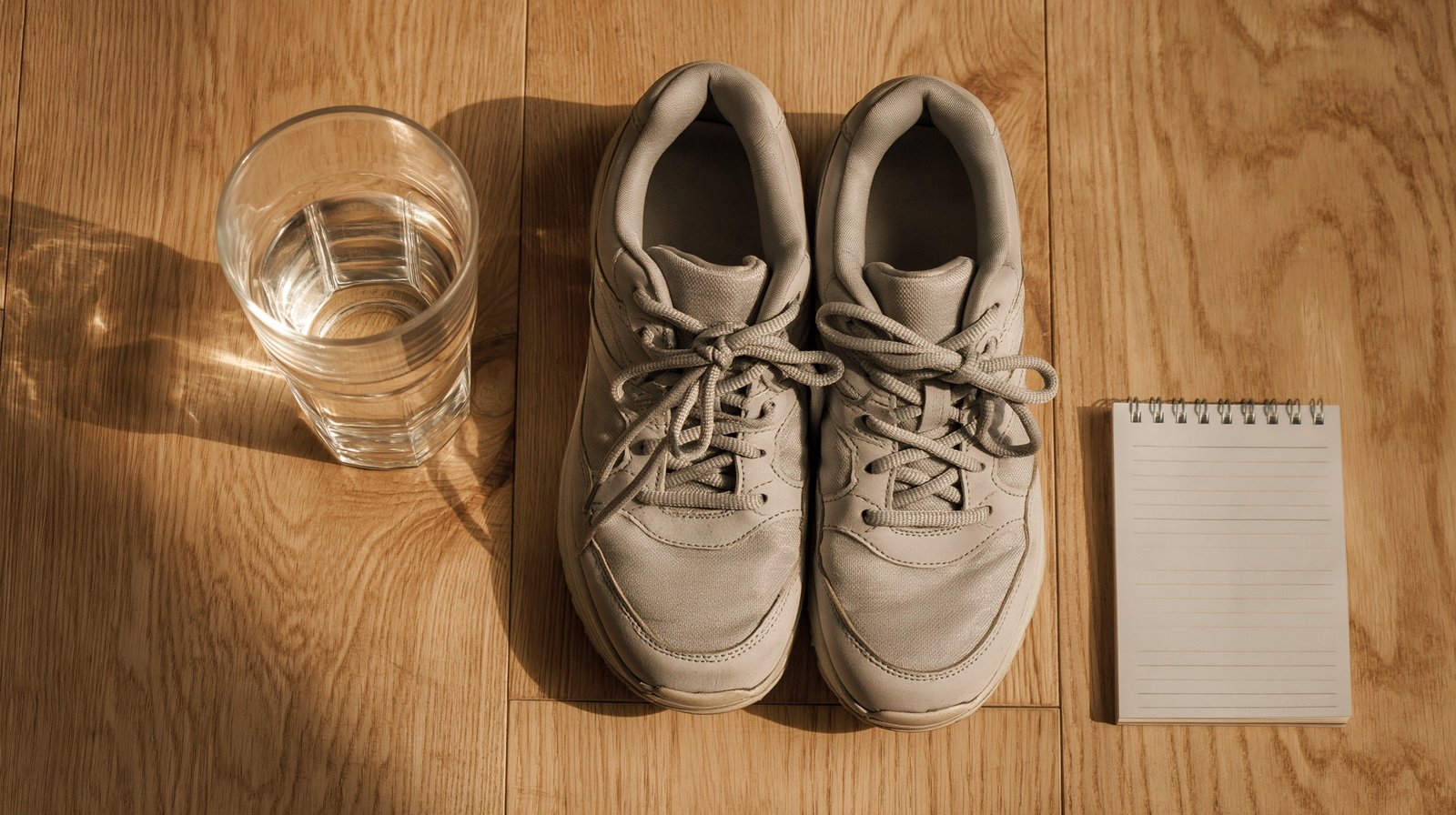 morning routine stiff knees glass water walking shoes notepad flat lay