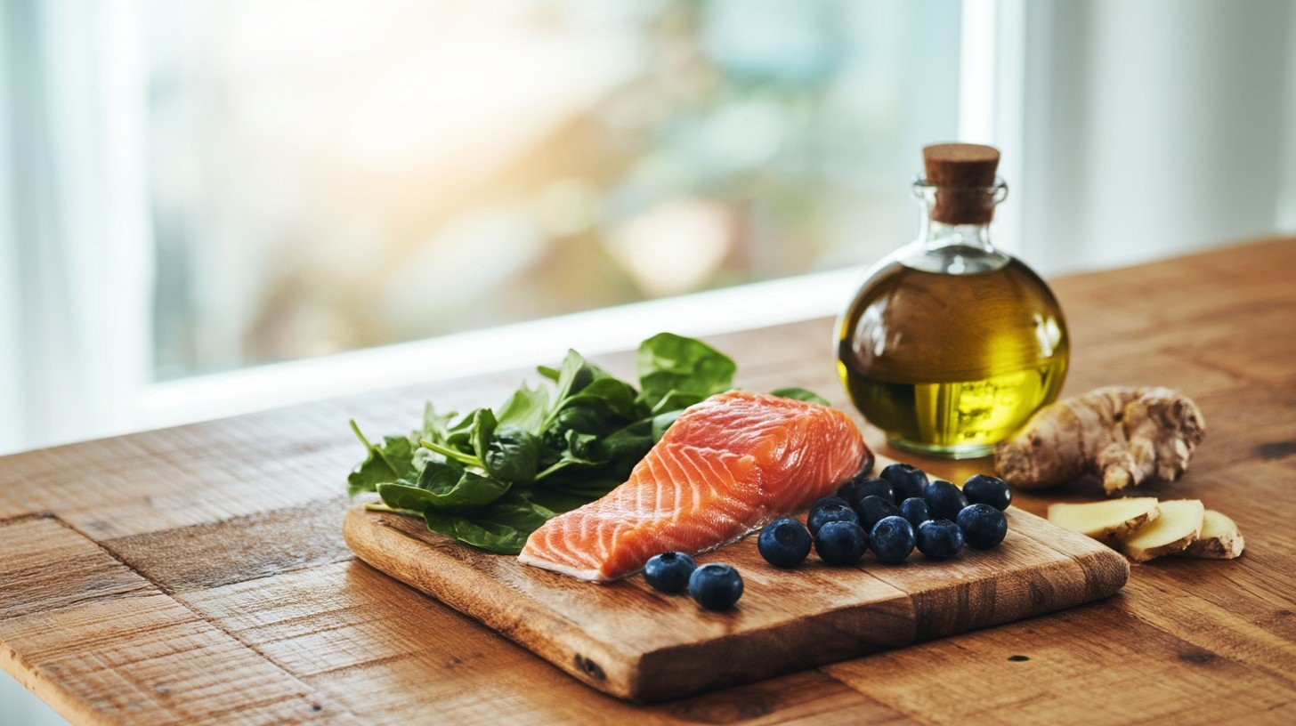 A wooden kitchen table with a flat lay arrangement of anti-inflammatory foods, wild salmon fillet, fresh blueberries, leafy spinach, olive oil bottle, sliced ginger root, warm natural light from a window