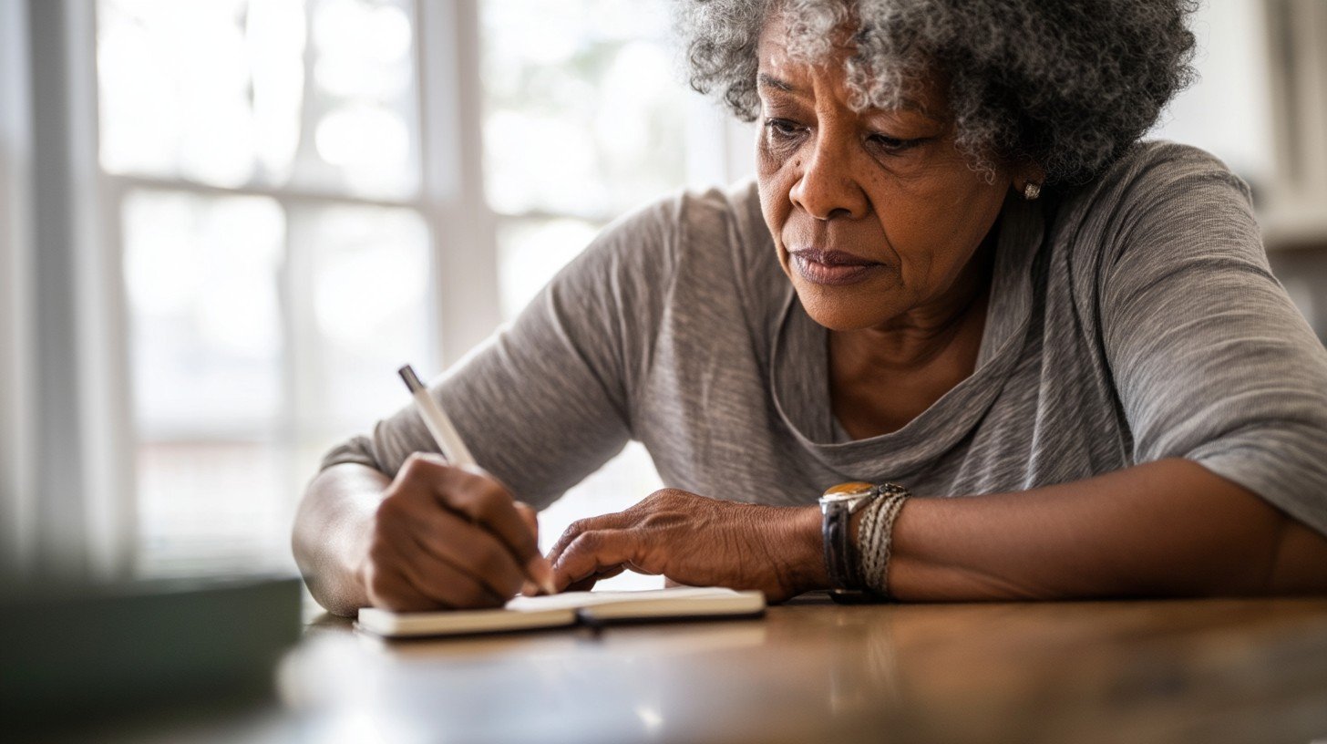 A mature adult woman writing in a small notebook at a kitchen table, morning light through a window, warm domestic setting
