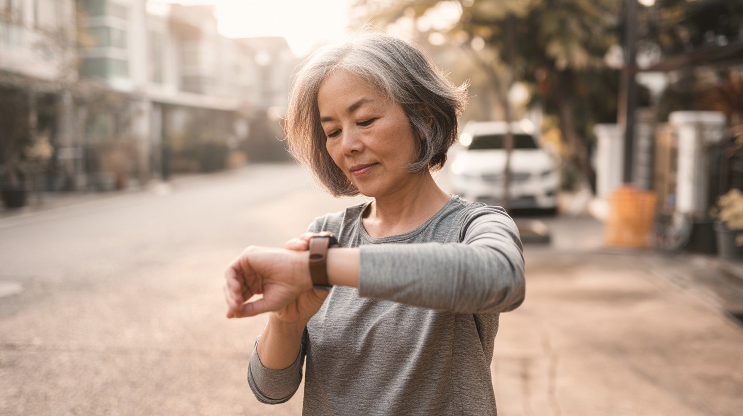 A woman in her late 50s checking a simple wristwatch before starting a short walk on a flat residential street, morning light