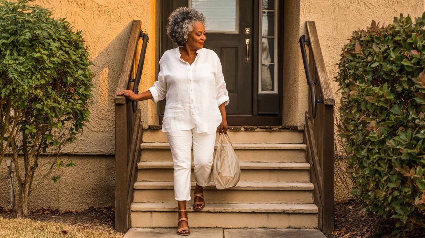 A woman in her late 50s descending a short flight of outdoor steps carefully and confidently, holding a light grocery bag, warm afternoon light, calm suburban setting