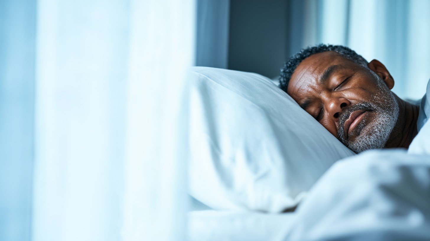 A mature adult man sleeping peacefully in a softly lit bedroom, white bedding, early morning light through sheer curtains
