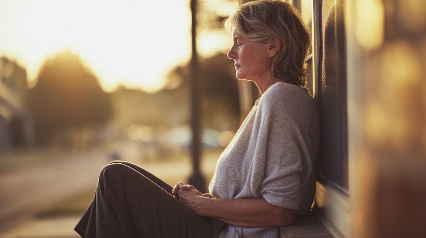 A woman in her early 60s sitting quietly on a porch step in the early morning, eyes closed, hands relaxed in her lap, soft golden light