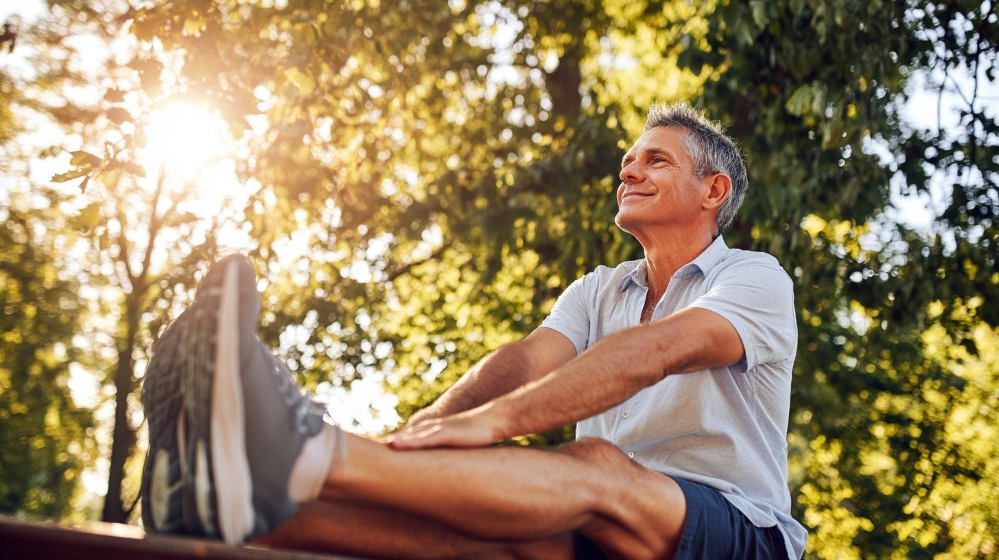 A man in his late 50s stretching his legs on a park bench before a morning walk, relaxed and prepared expression, dappled sunlight through trees, green foliage