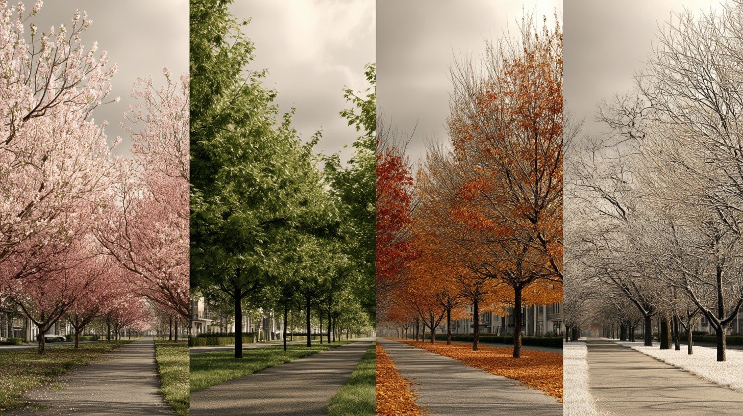 A split composition showing the same suburban walking path across four seasons, spring blossoms, summer green, autumn leaves, light winter frost