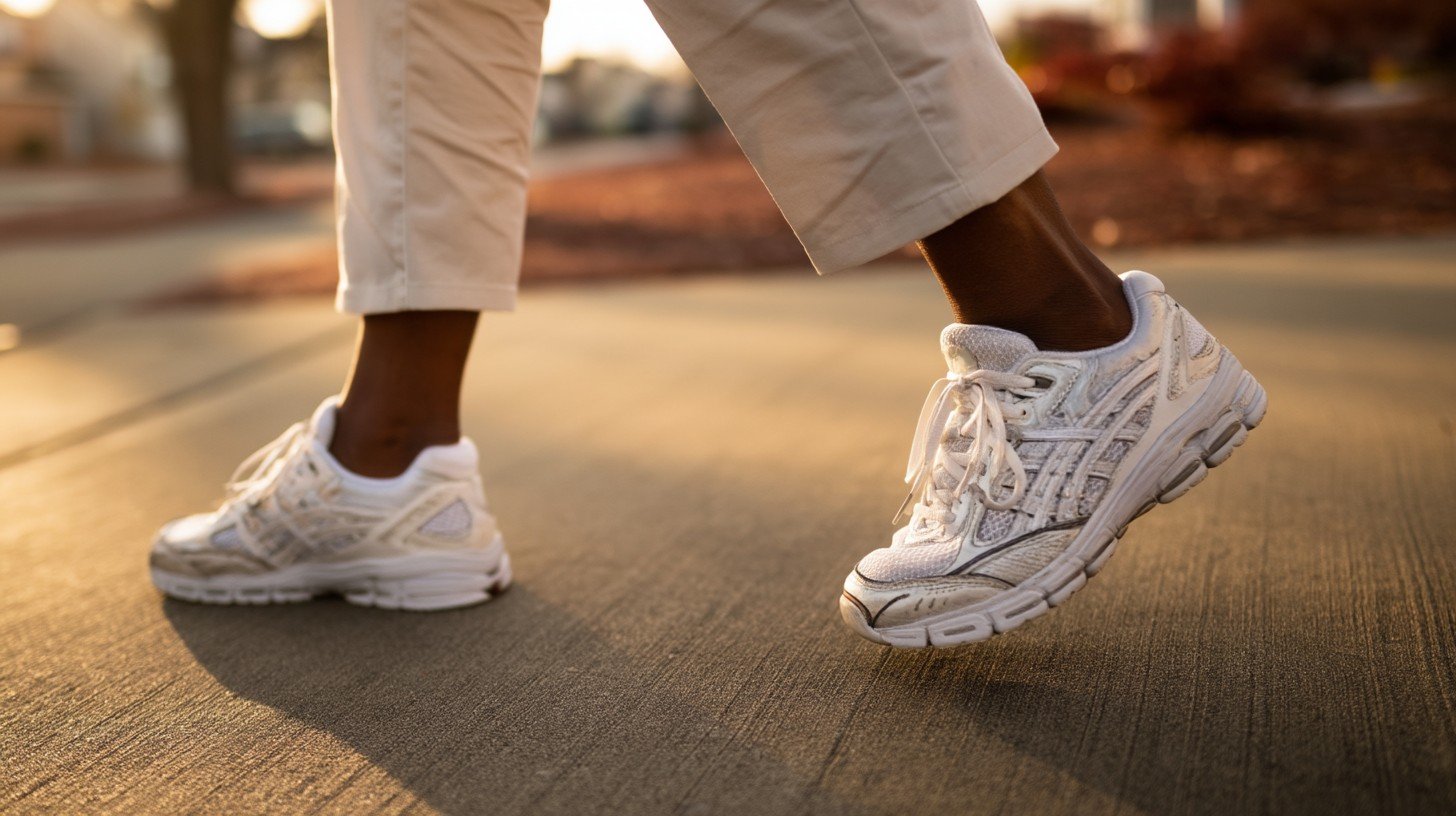 Close-up of a mature adult's feet in supportive white sneakers taking a deliberate step on a flat suburban sidewalk, warm morning light casting a soft shadow
