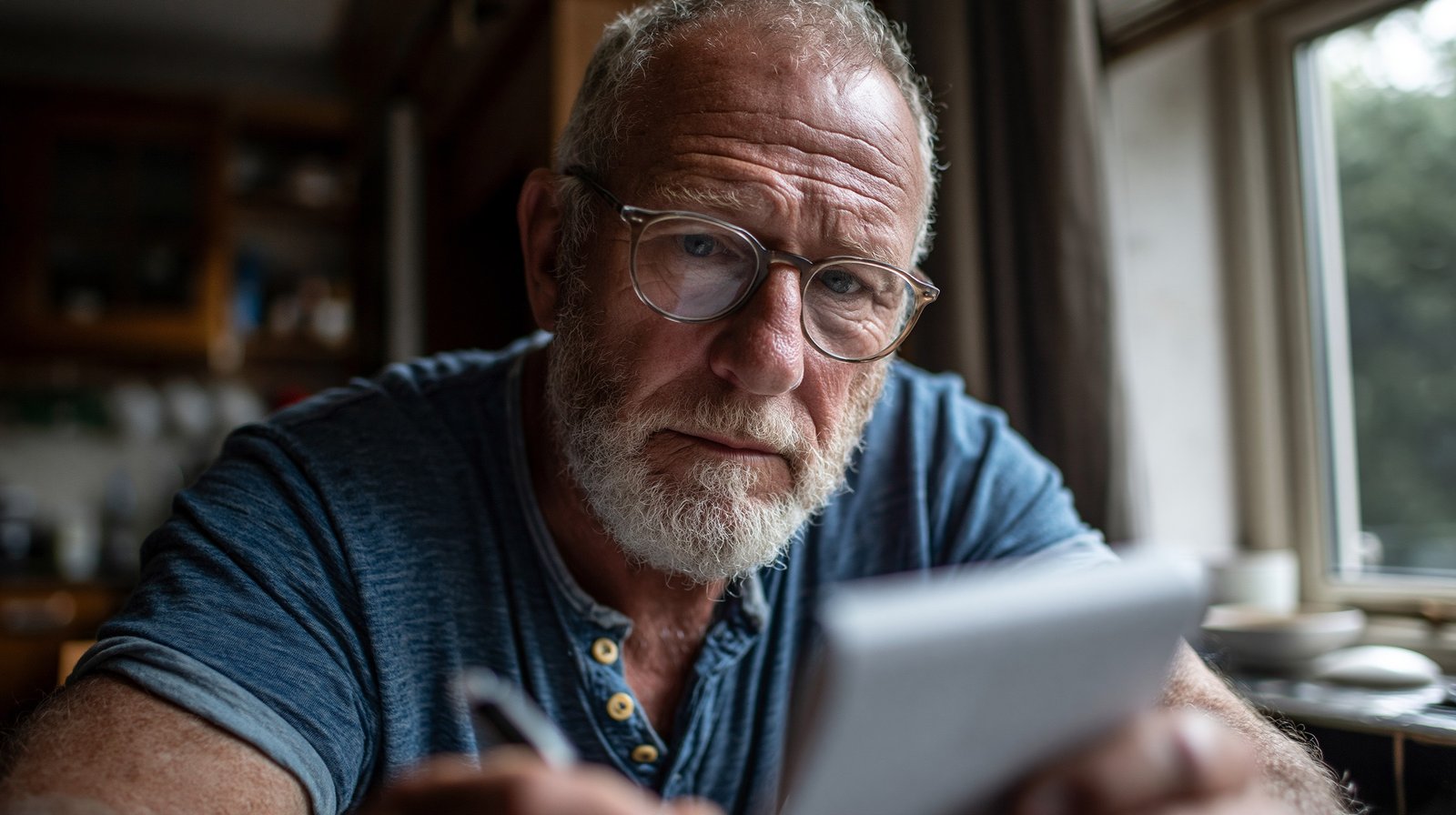 research walking knee osteoarthritis man reviewing notes kitchen morning light