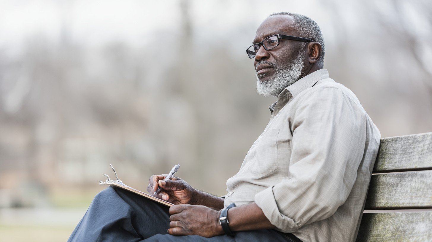 A mature adult man reviewing notes on a clipboard outdoors on a park bench, relaxed and thoughtful expression
