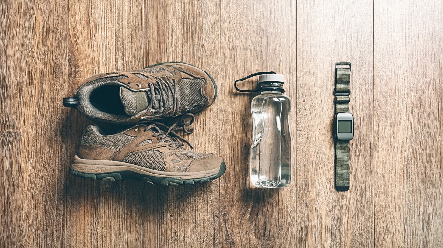 Flat lay of supportive walking sneakers, a small water bottle, and a simple pedometer on a wooden floor, warm natural light