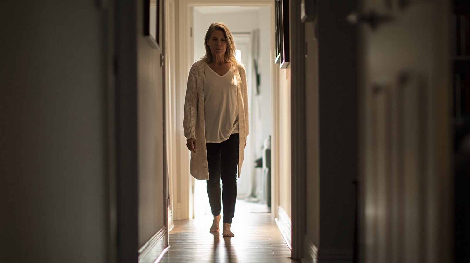 morning knee stiffness relief woman walking hallway morning