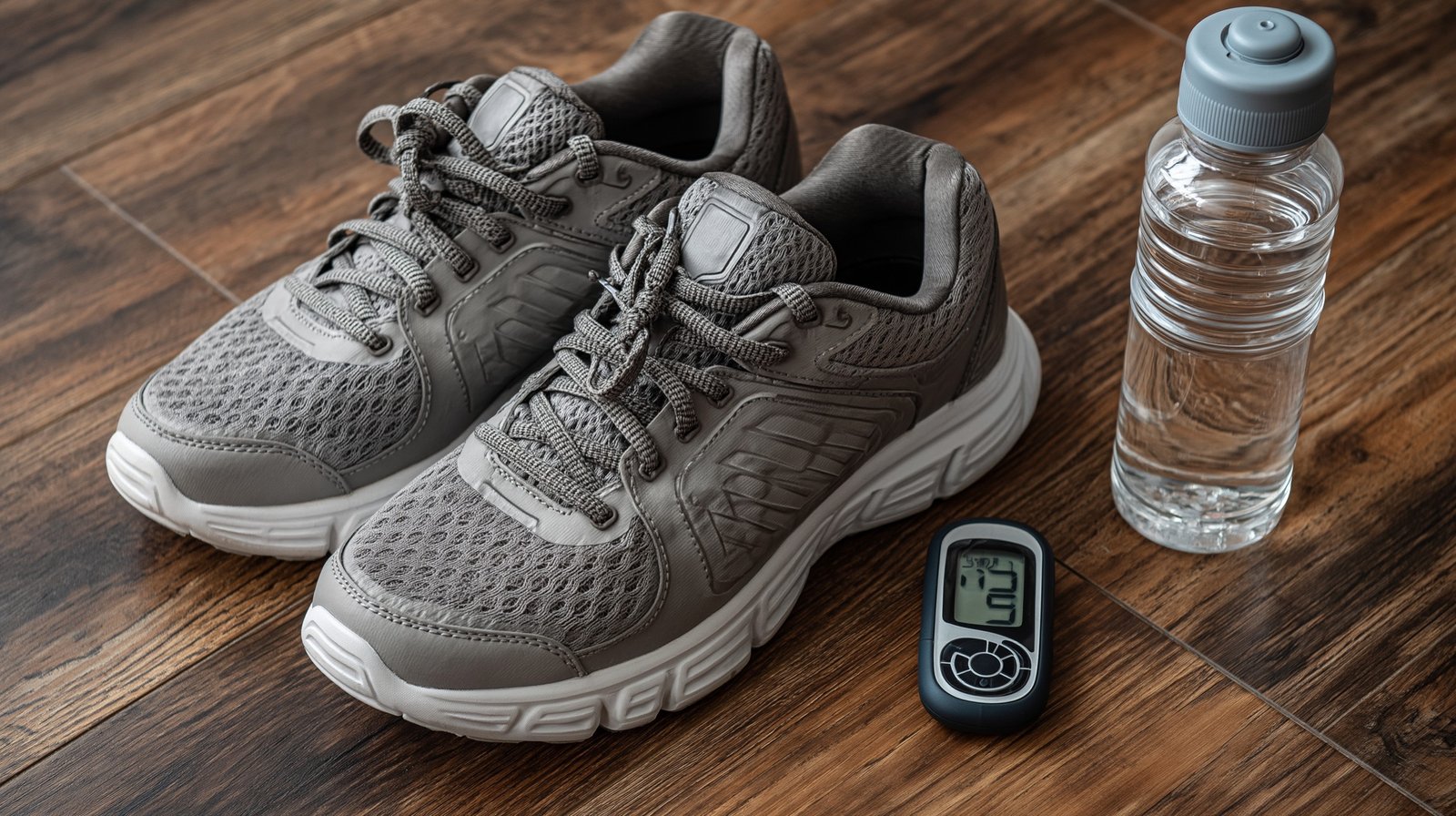 walking tips for knee arthritis flat lay sneakers water bottle pedometer