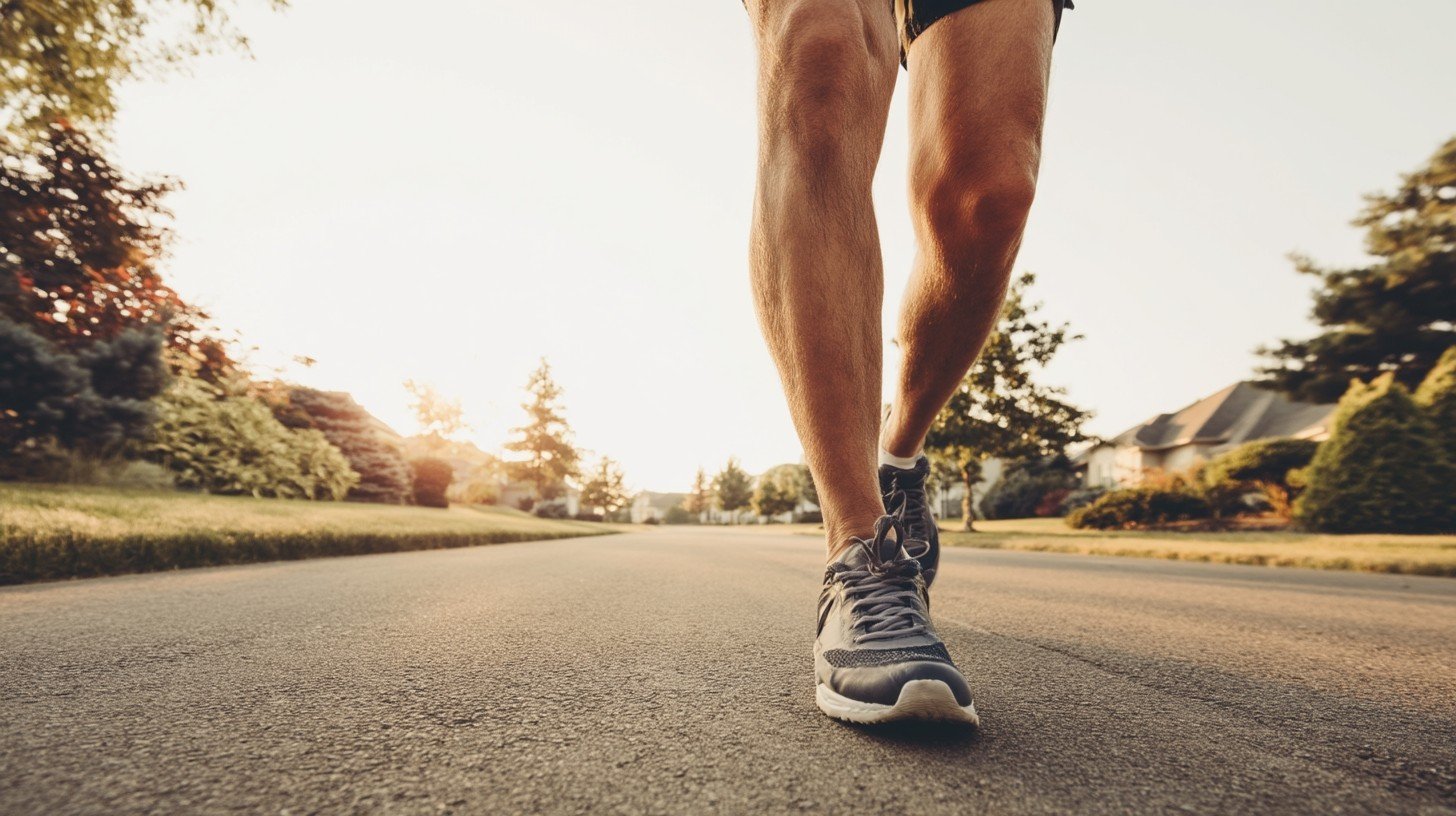 Close-up of a mature adult's knee mid-stride on a flat suburban path, warm afternoon light
