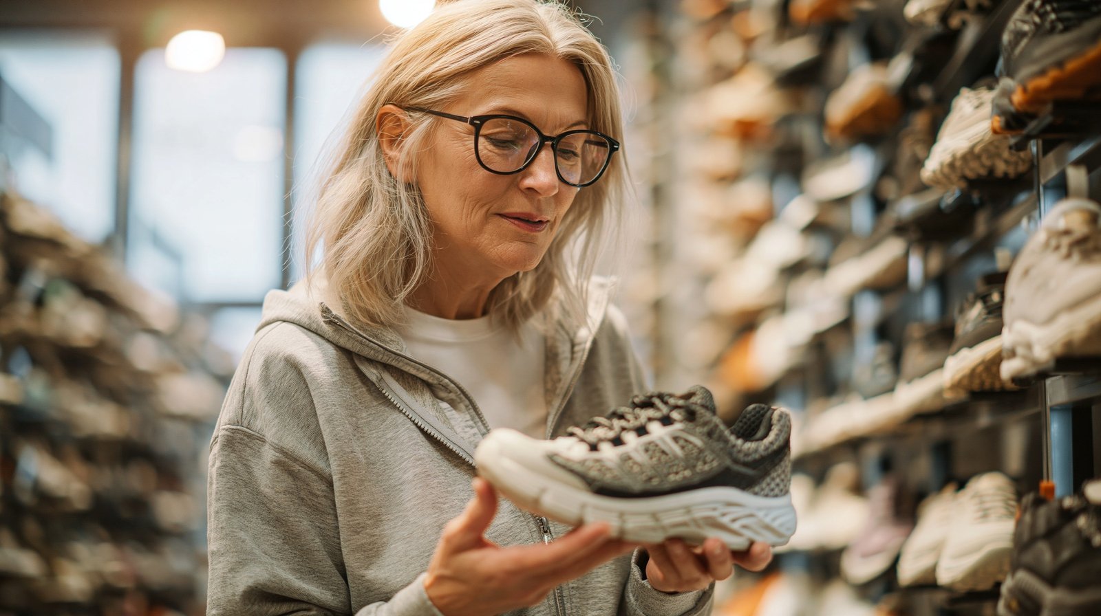Adult over 55 examining walking shoes in a store while considering options for knee pain.