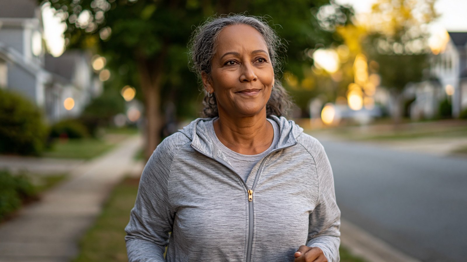 Adult over 55 walking comfortably outdoors during a diagnostic walk test to evaluate knee comfort.