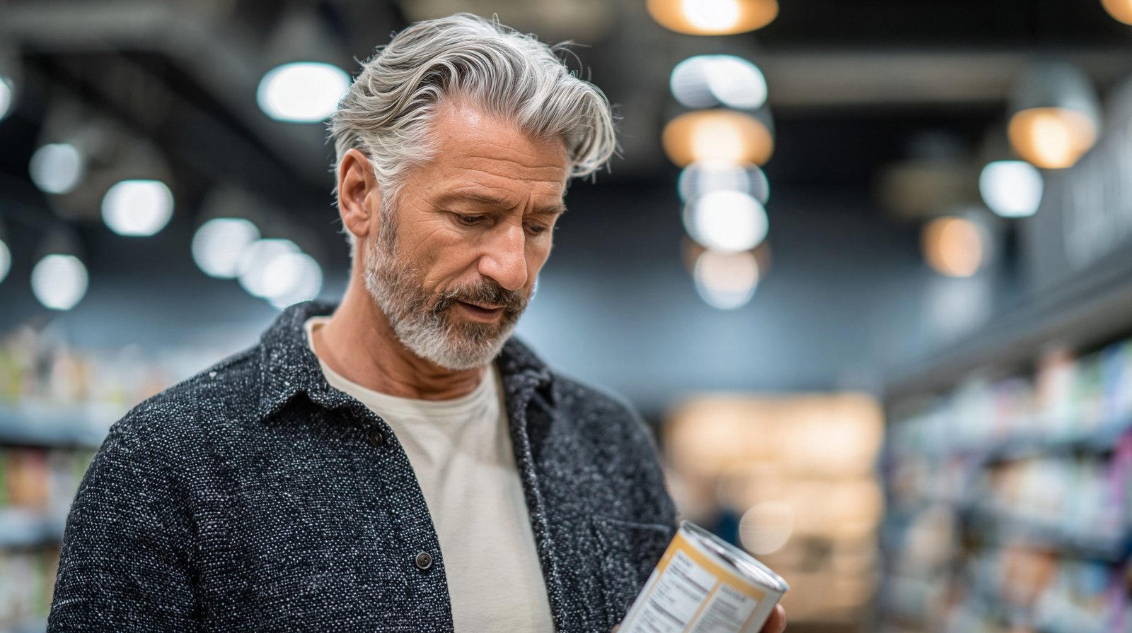 Adult man over 55 reading a nutrition label in a grocery store to check added sugar content.