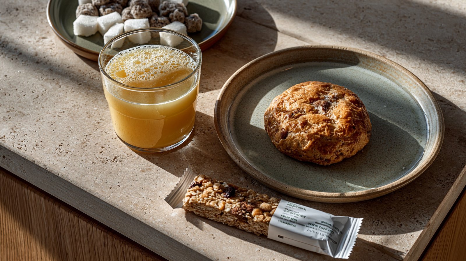 Everyday sources of added sugar in the American diet including juice, sugar cubes, pastries, and granola bars.