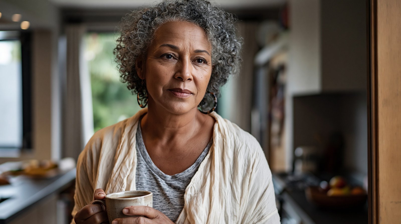 Adult woman over 55 considering the question does sugar cause knee pain while reflecting on her dietary choices.