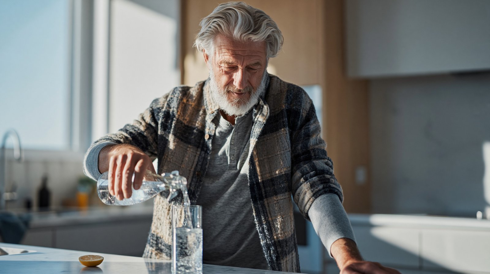 Adult man over 55 choosing sparkling water as a simple swap to reduce added sugar intake.
