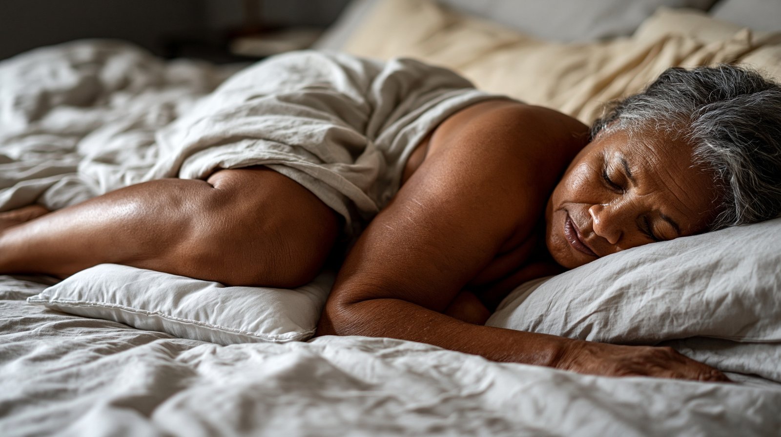 Adult over 55 side sleeping with pillow between knees to reduce knee pain at night.