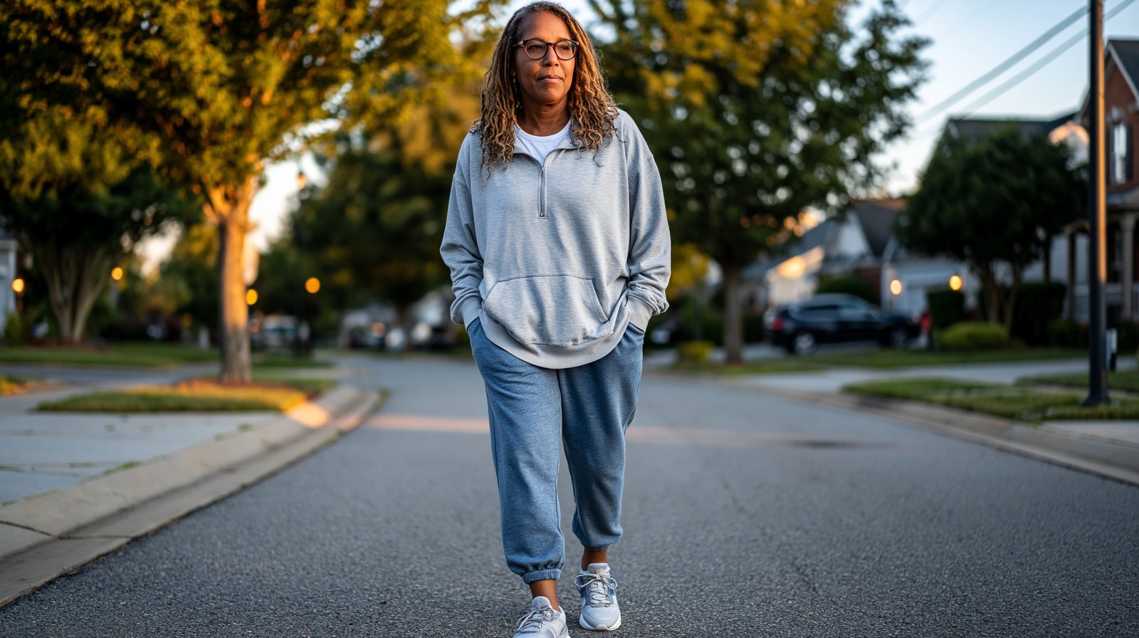 Adult over 55 walking in the evening as part of a wind-down routine that helps knee pain at night.