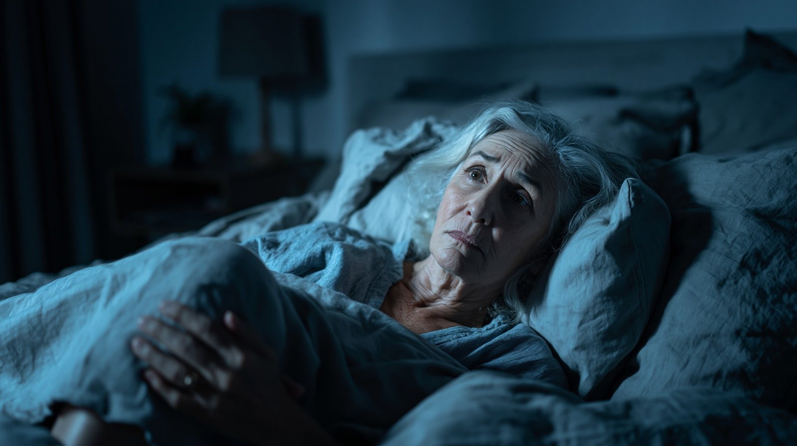 Adult over 55 lying awake in bed at night experiencing knee pain that disrupts sleep.