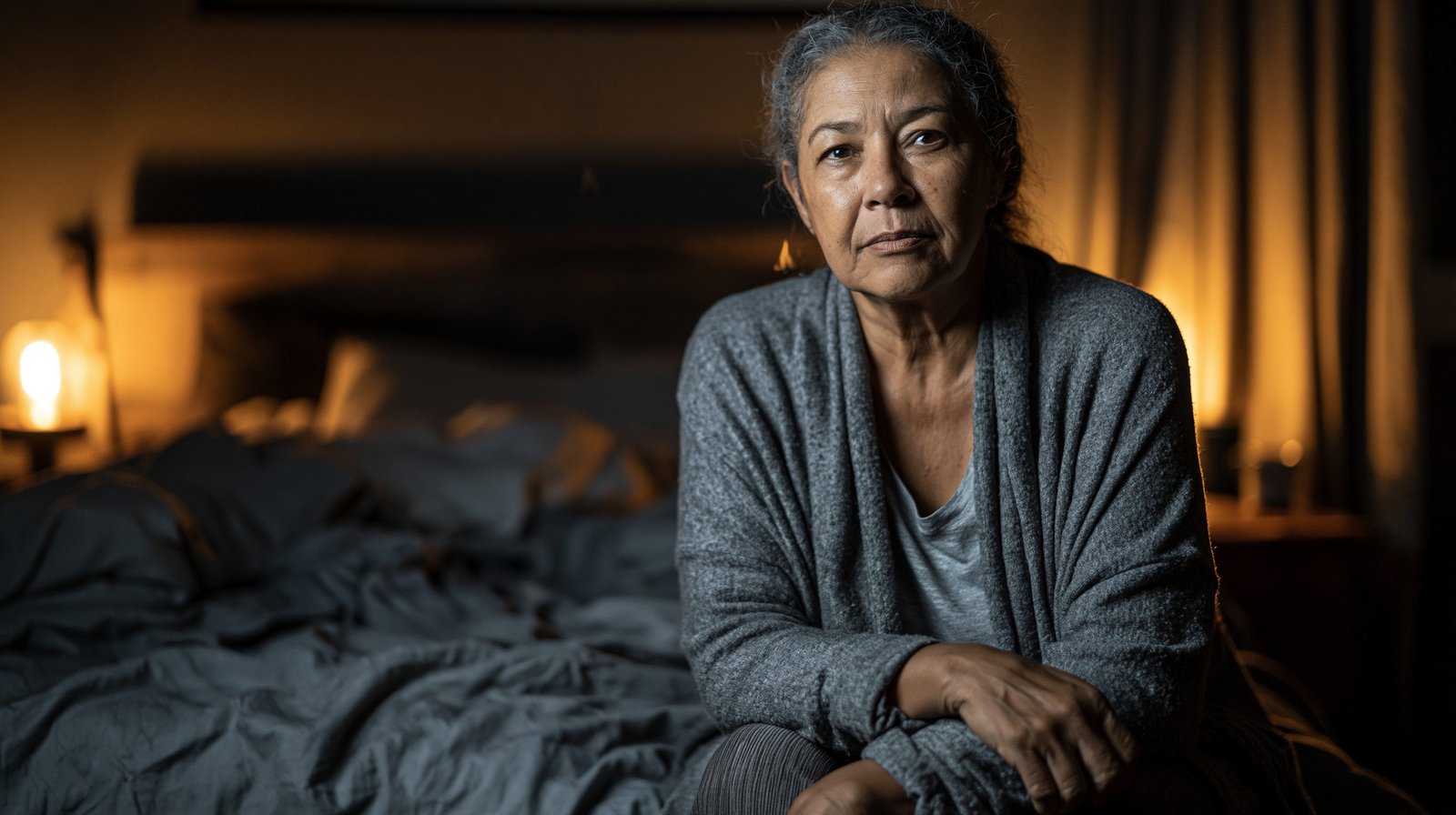 Adult over 55 sitting calmly on edge of bed during the night to shift position and ease knee pain.