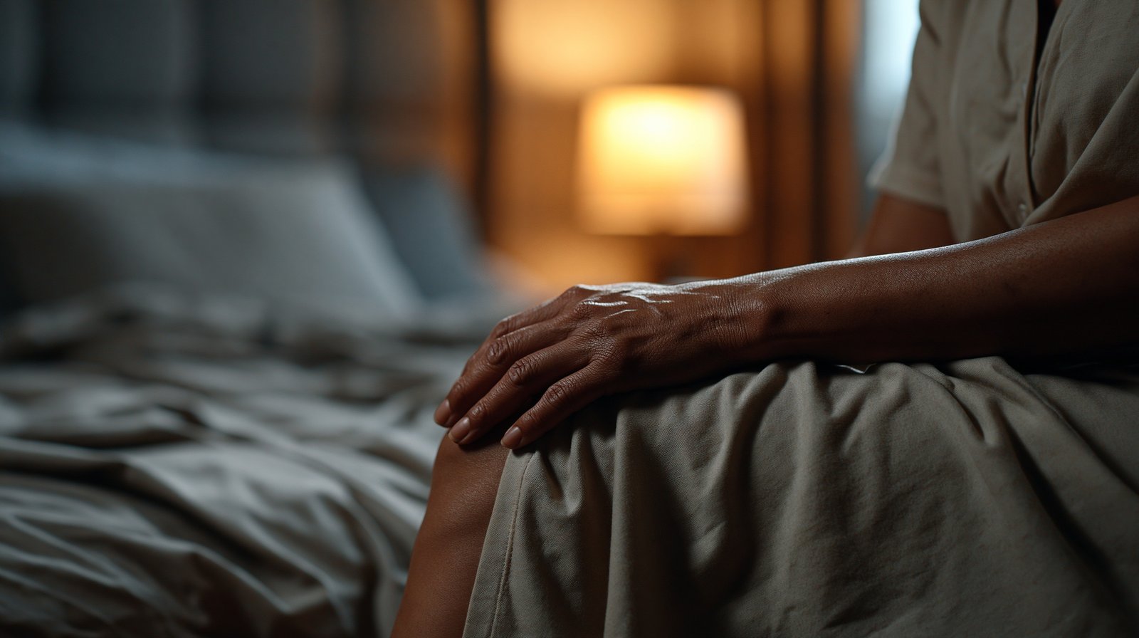 Woman resting hand on knee at night illustrating nighttime knee pain after 55.