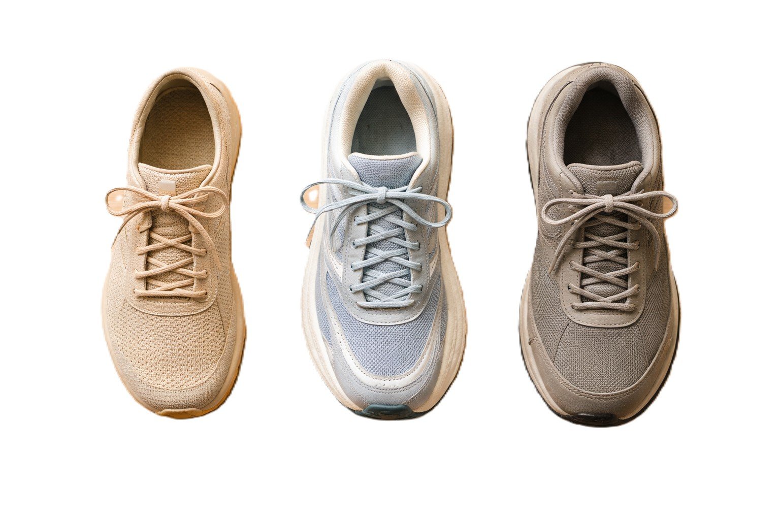 Three walking shoes arranged together comparing minimalist, cushioned, and standard designs discussed in the article.
