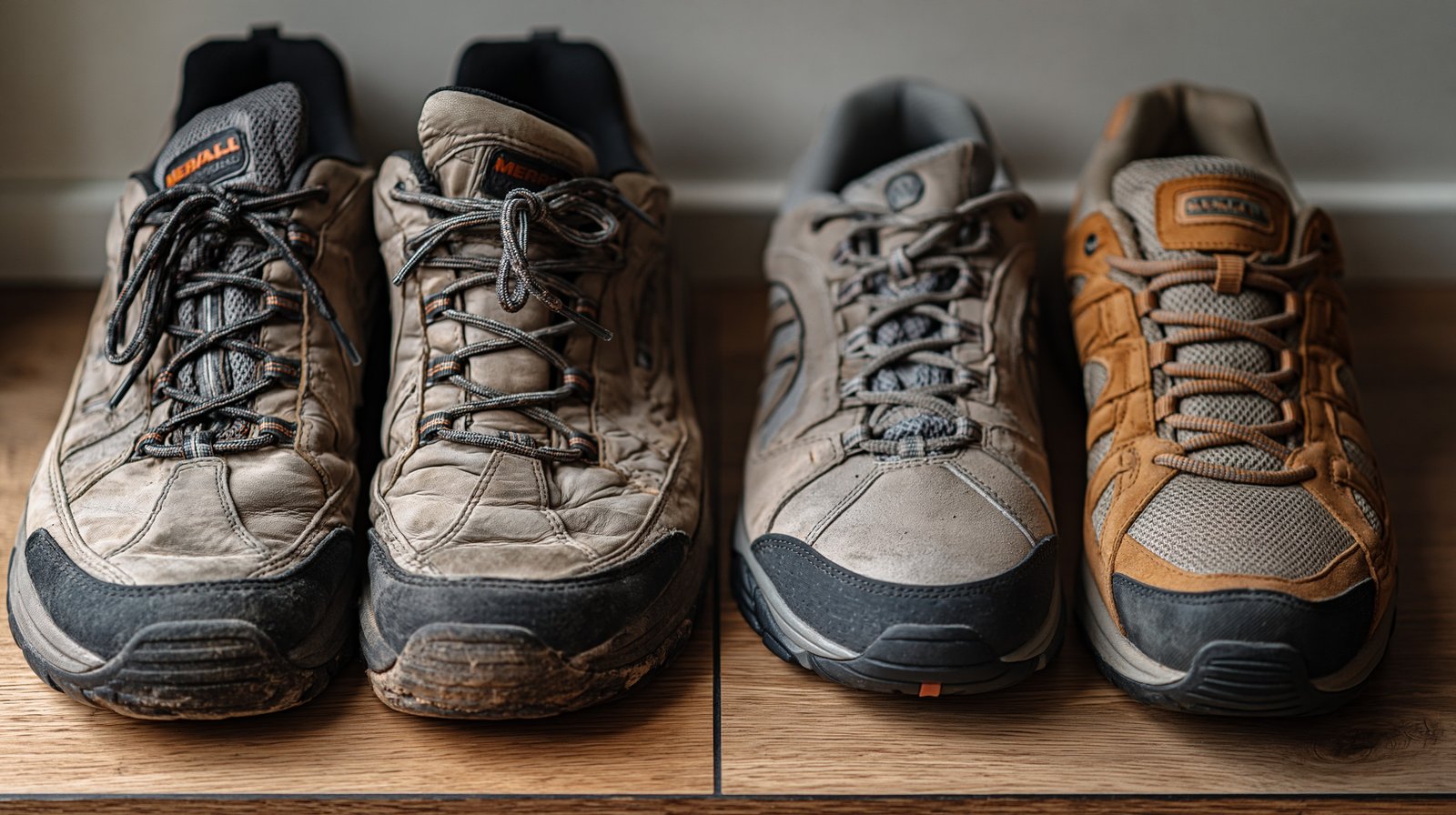 Comparison of a worn walking shoe and a newer walking shoe showing signs of wear that indicate replacement time.