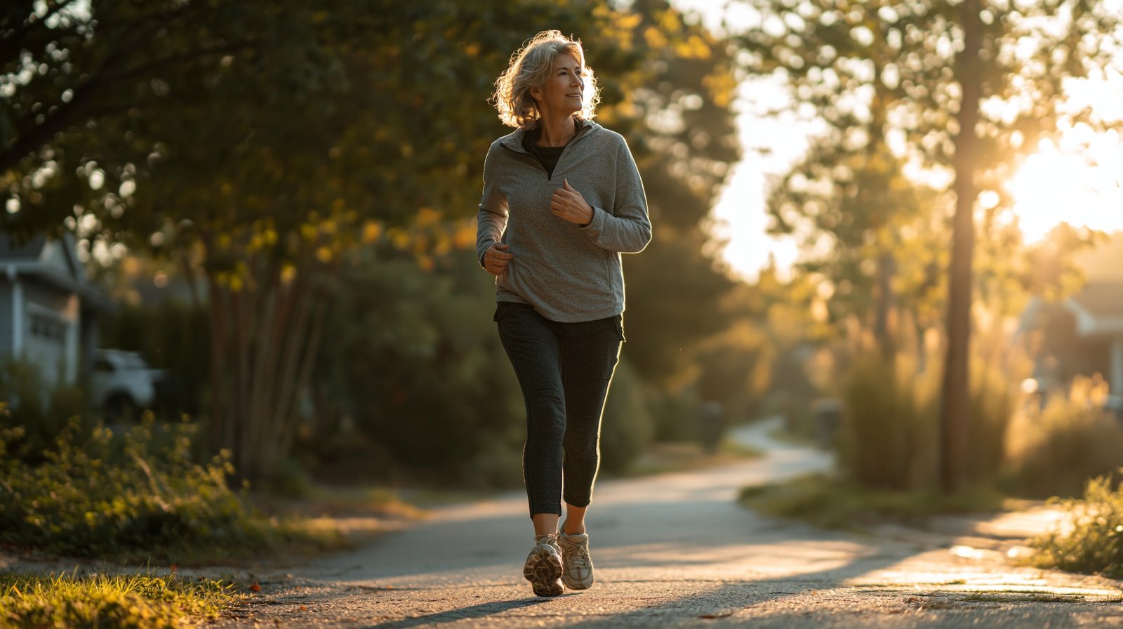 Active adult over 55 walking comfortably on a neighborhood path, illustrating the focus of the article on walking shoes and knee pain.