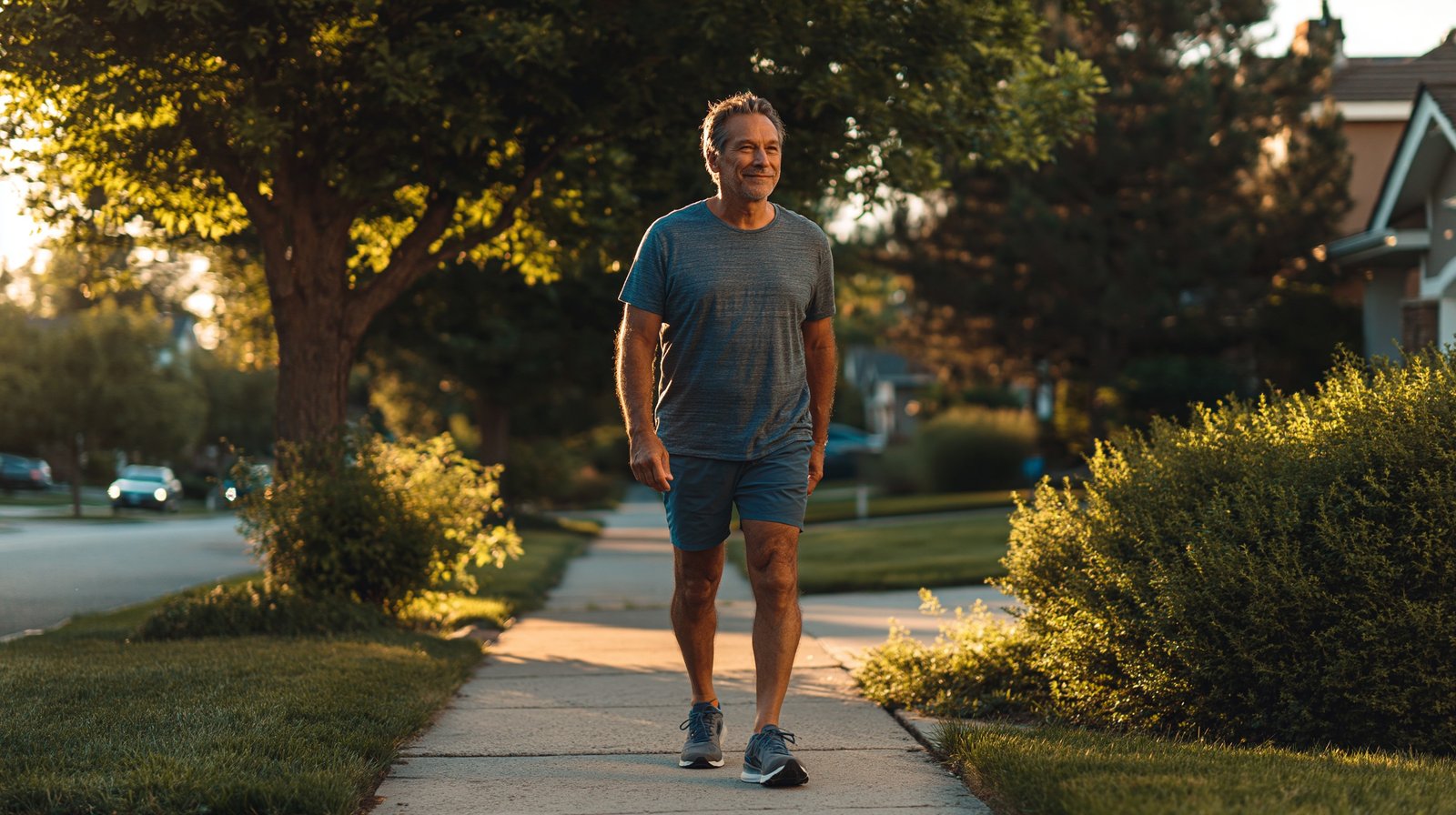 Adult man over 55 pausing after a short walk to check whether he feels better than when he started.