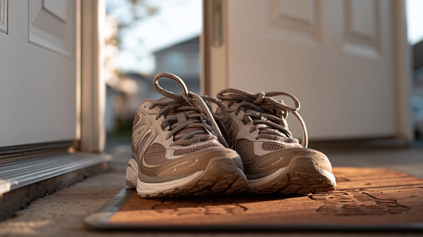 Walking shoes on a doorstep ready for a short assessment walk as the first step after physical therapy for knee pain.