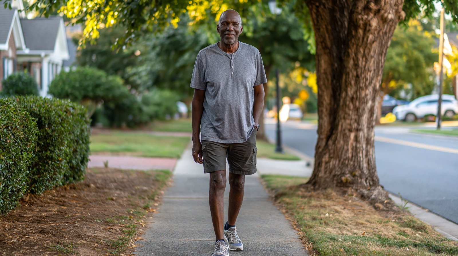 Adult man over 55 walking calmly in the morning as part of a capability-focused approach to managing chronic knee pain.