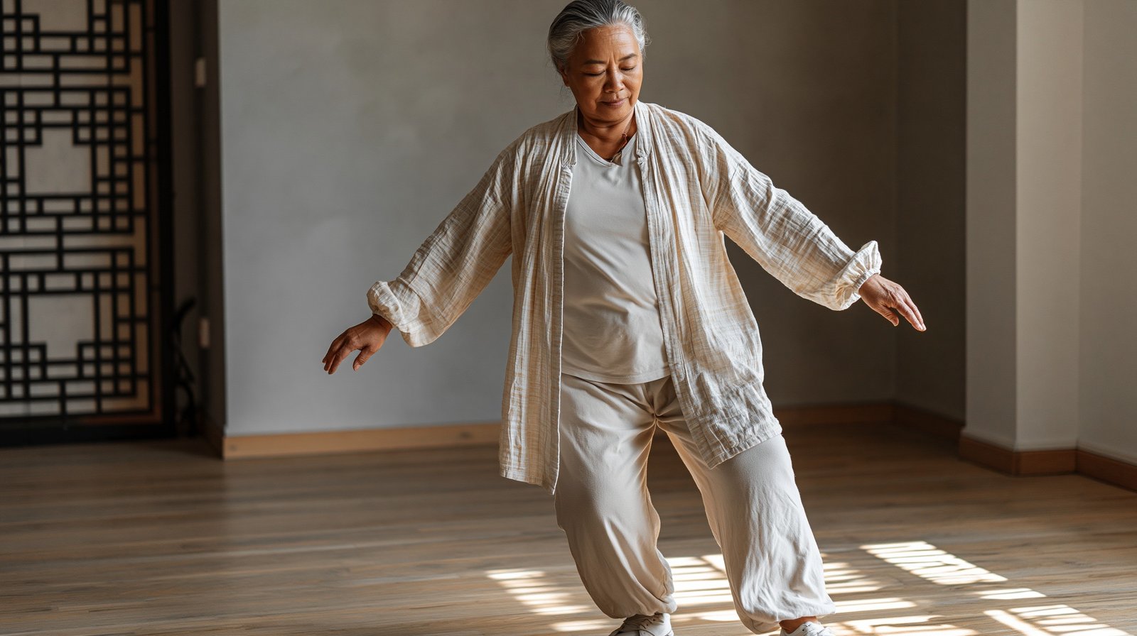 Adult woman over 55 practicing gentle mind-body movement at home to improve both knee function and psychological wellbeing.