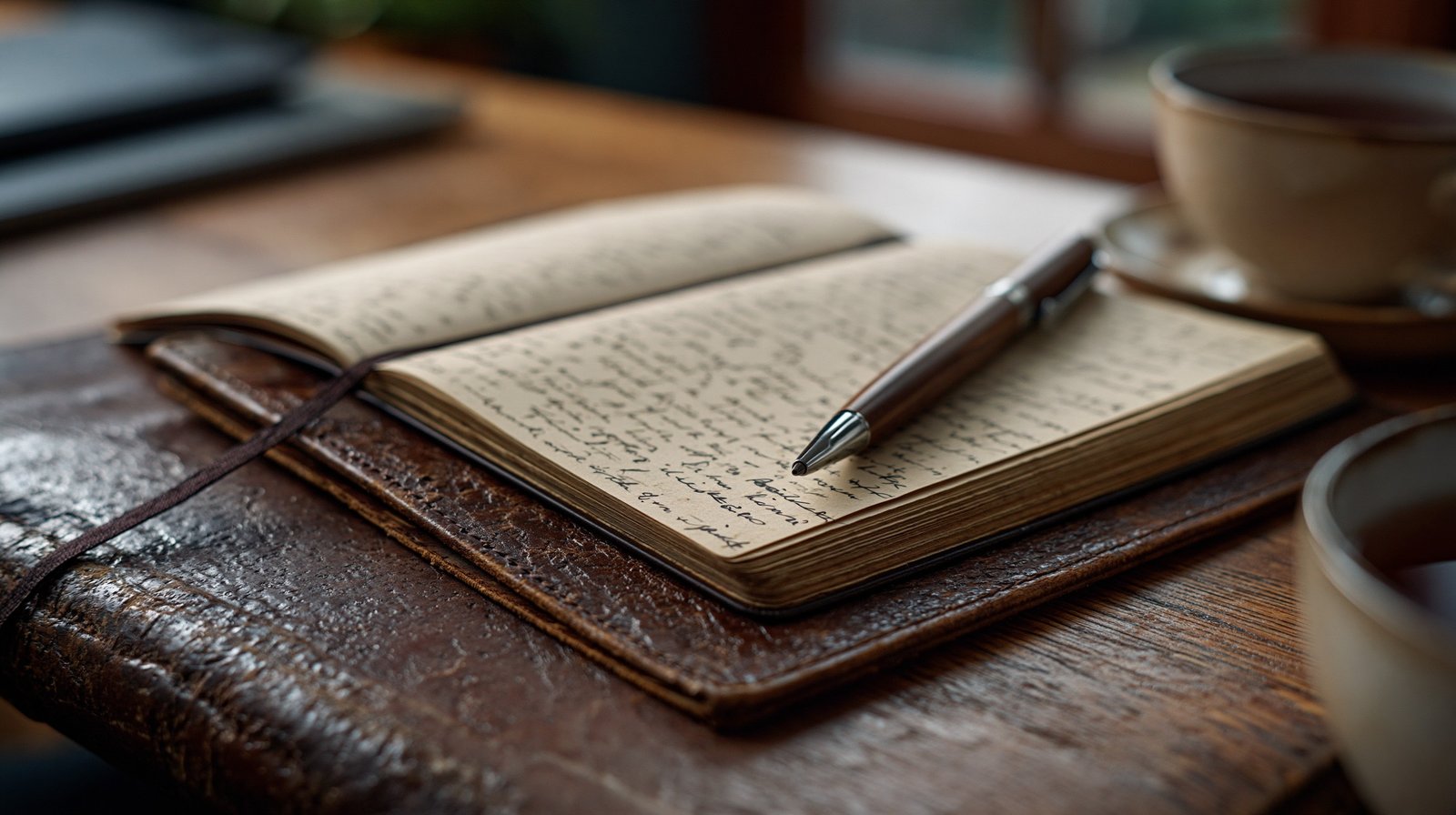 Open journal and pen on a wooden table representing the role of mindset and reflection in managing chronic knee pain.
