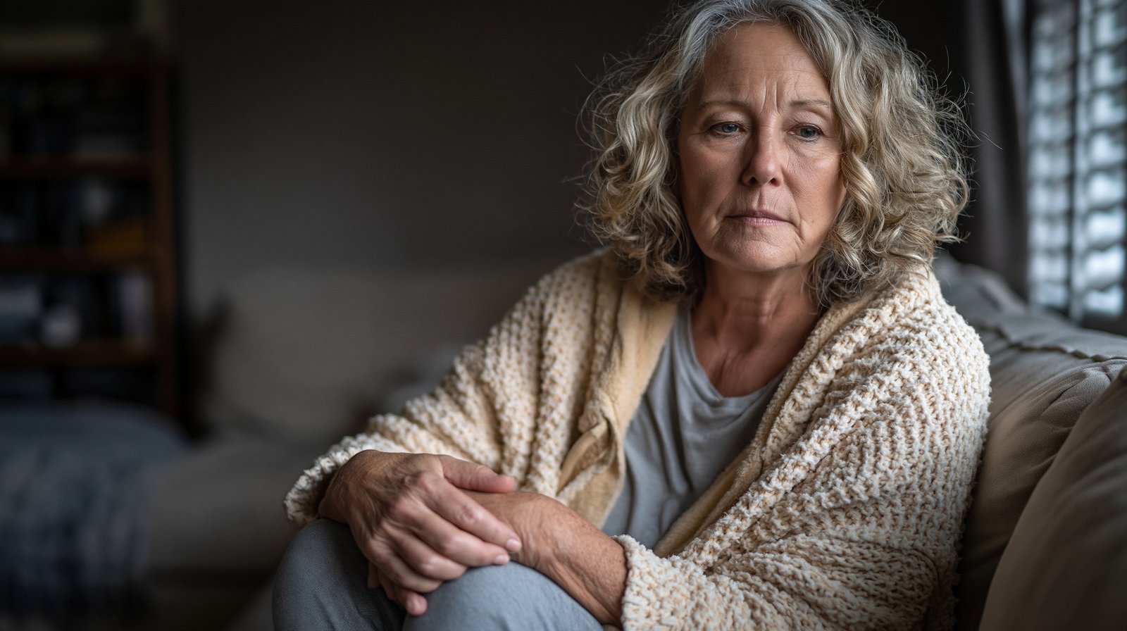 Adult woman over 55 sitting quietly at home wondering will knee pain go away on its own or persist with osteoarthritis.