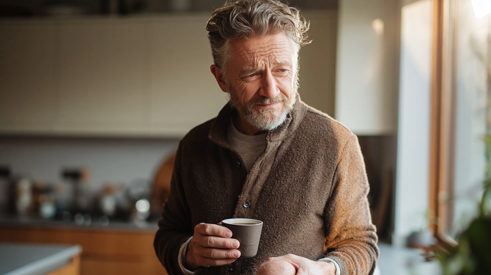 Adult man over 55 looking thoughtfully at his knee in the kitchen considering why osteoarthritis pain tends to persist.