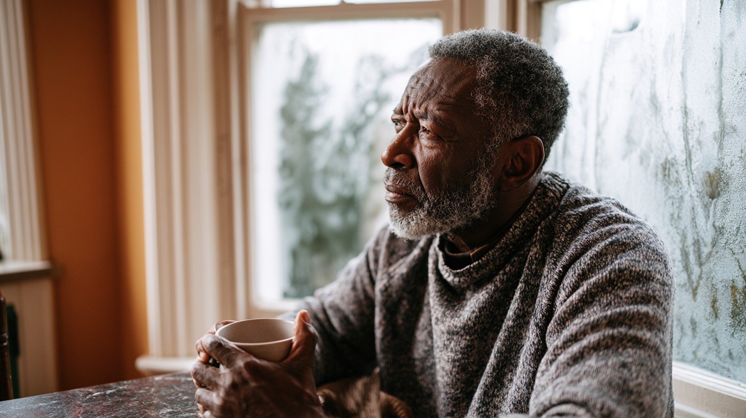 Adult man over 55 at a kitchen table on a winter morning with a warm mug showing how cold weather knee stiffness affects morning movement in adults with knee OA.