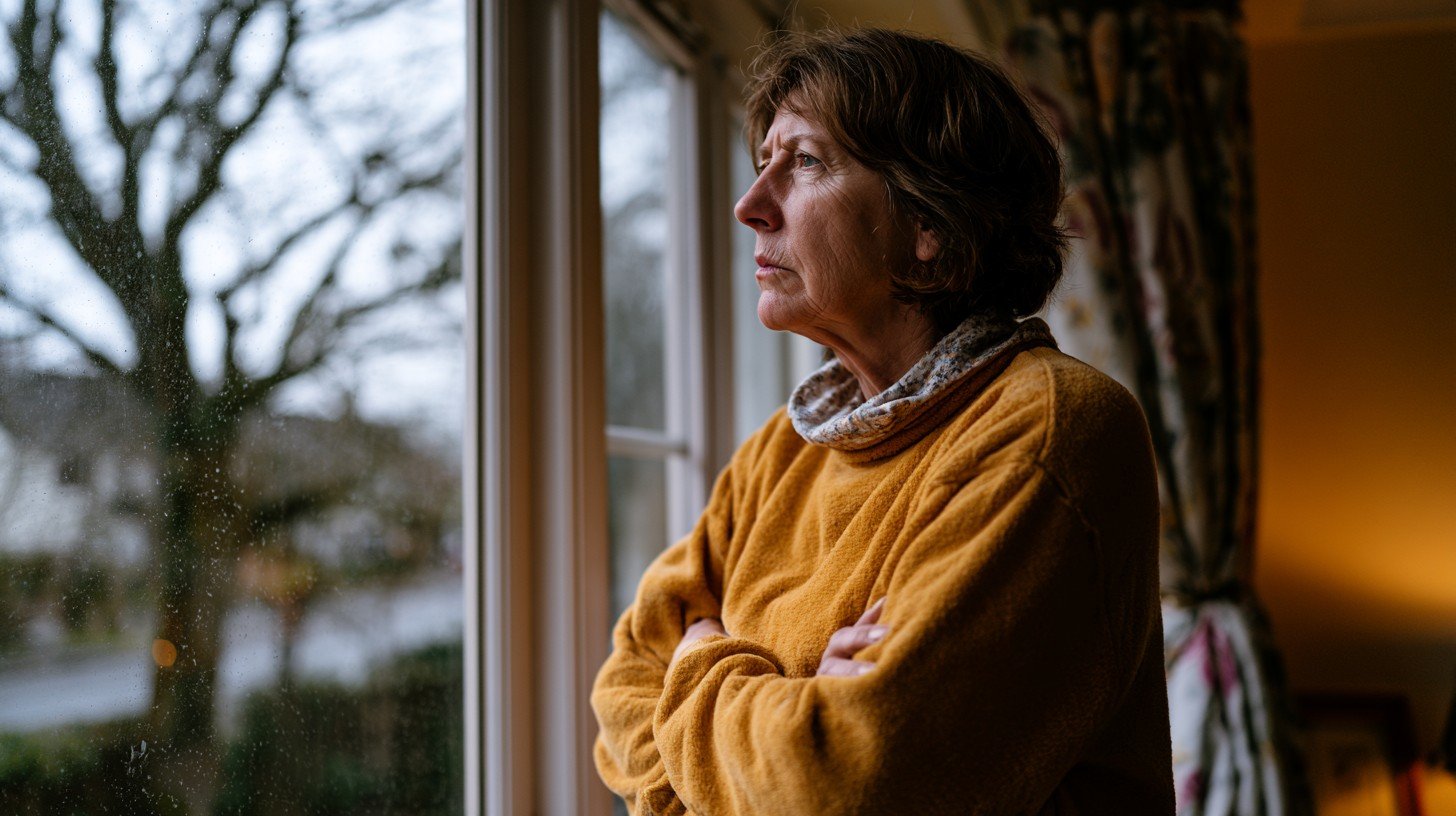 Adult woman over 55 at a window on a grey winter day suggesting the reluctance to walk that compounds cold weather knee stiffness through reduced daily movement.
