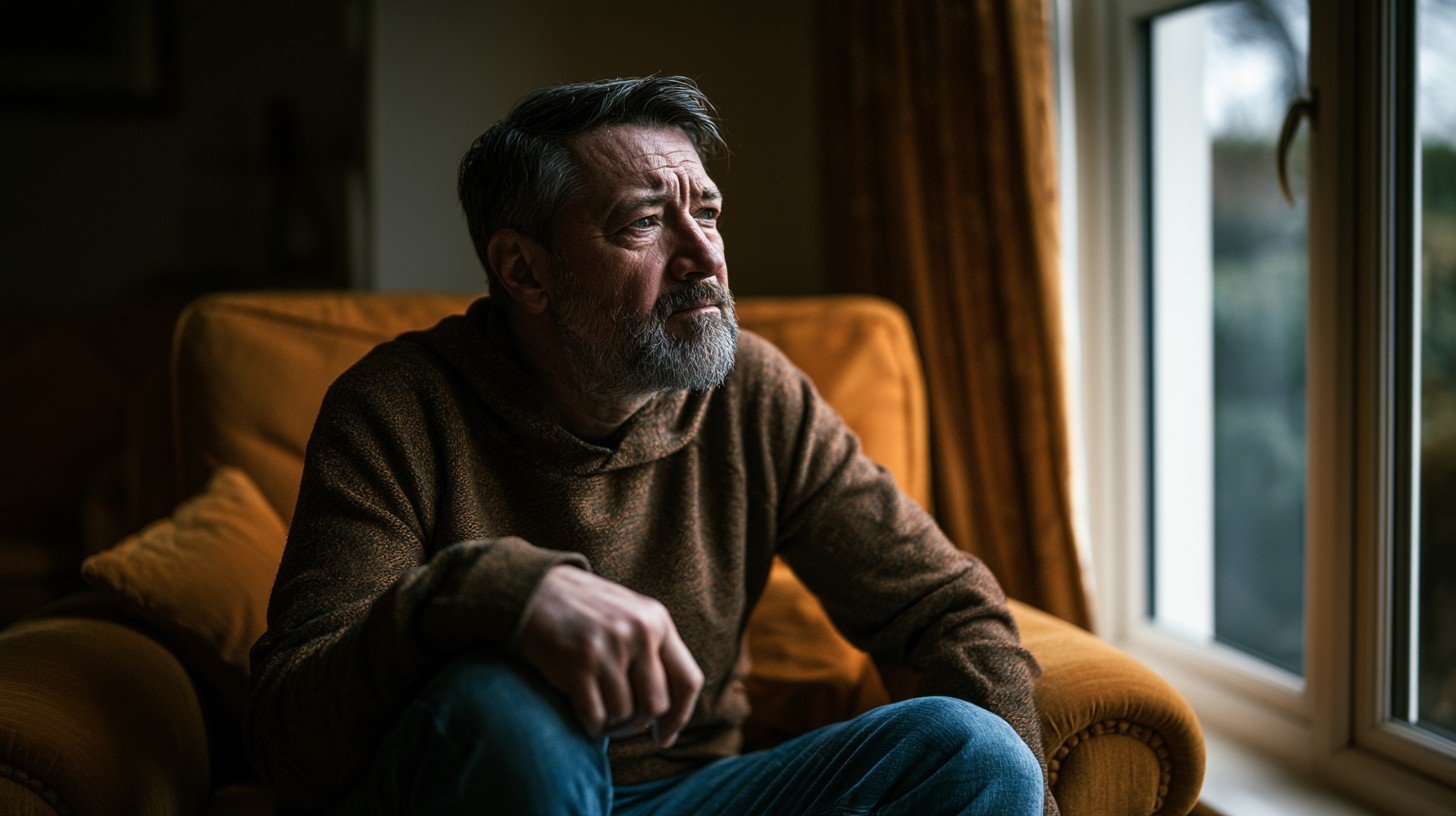 Adult man over 55 in an armchair near a cold window with a hand on his knee showing why cold weather knee stiffness feels more intense for adults with greater underlying joint involvement.