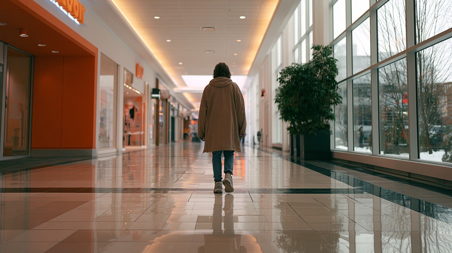 Figure walking indoors along a mall corridor on a cold winter day showing how indoor movement is a practical way to manage cold weather knee stiffness and keep the walking habit going.