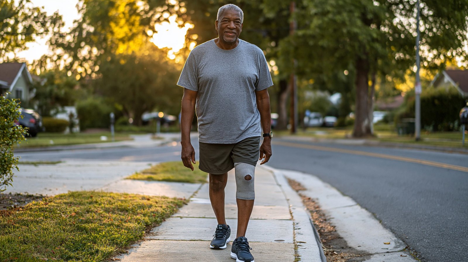 Adult man over 55 walking outdoors with a knee sleeve showing do knee braces help with knee pain when walking.