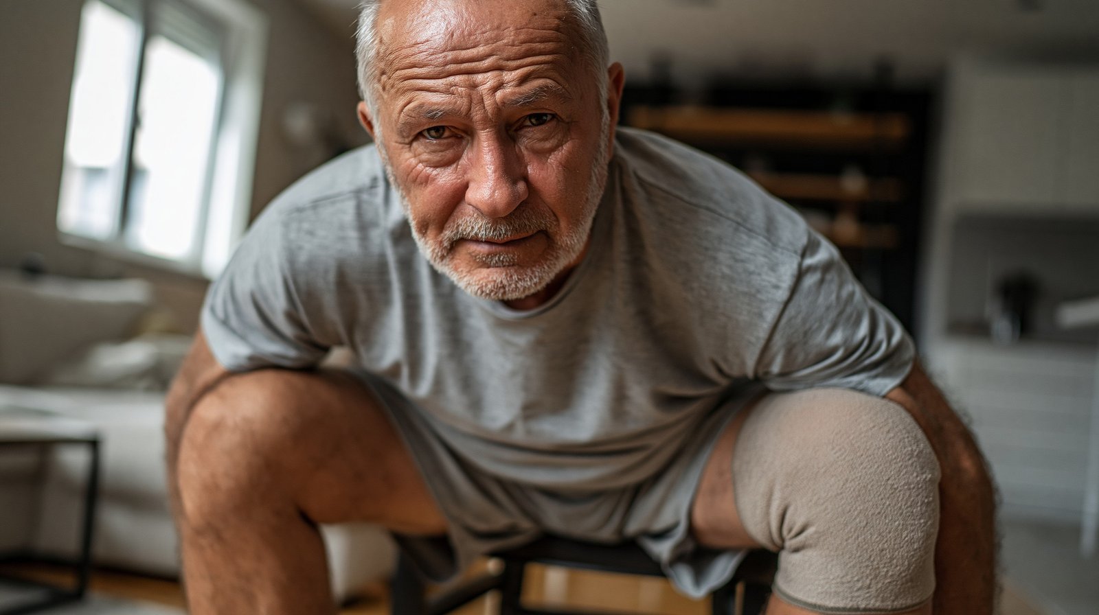 Adult man over 55 doing gentle knee strengthening exercises at home while wearing a soft knee sleeve.