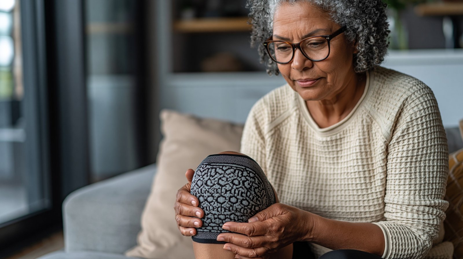Adult woman over 55 examining a soft knee compression sleeve at home while deciding which type of knee brace to use.