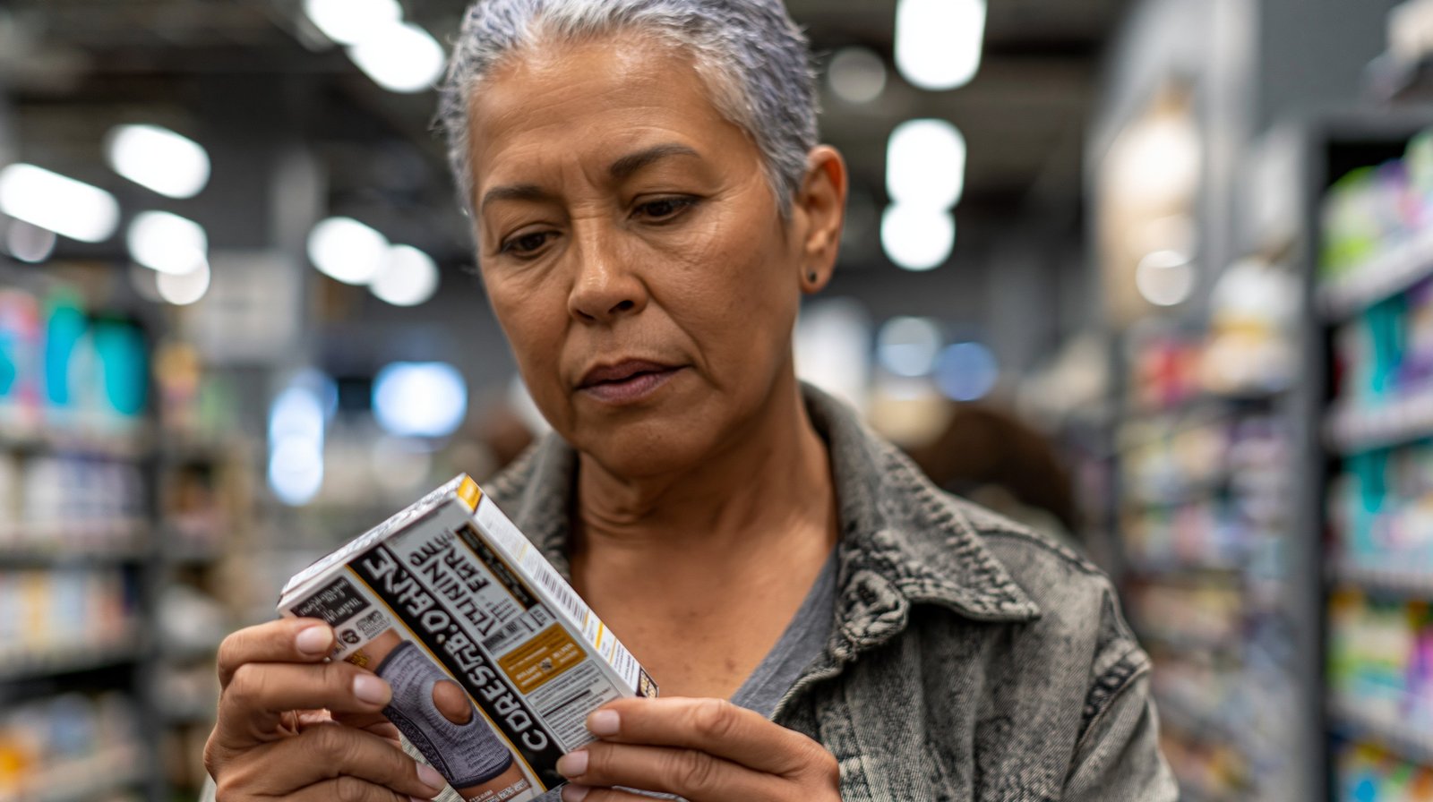 Adult woman over 55 reading the label on a knee compression sleeve in a store while choosing the right brace for walking.
