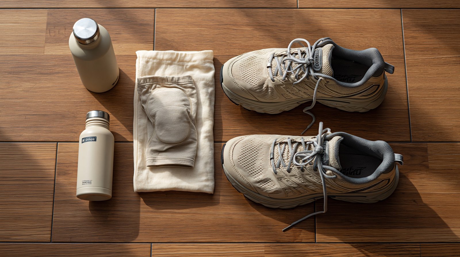 Knee compression sleeve, walking shoes, and water bottle arranged together representing a complete walking support system for adults over 55.