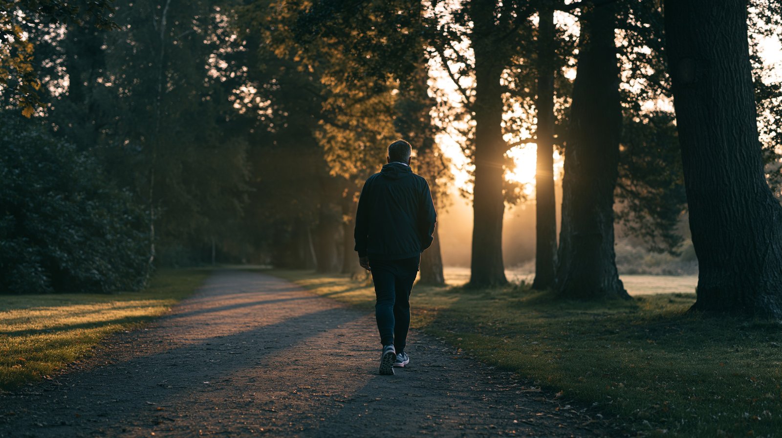 Figure walking steadily along a morning path showing how a consistent evening routine for better sleep with joint pain creates better conditions for daily walking.