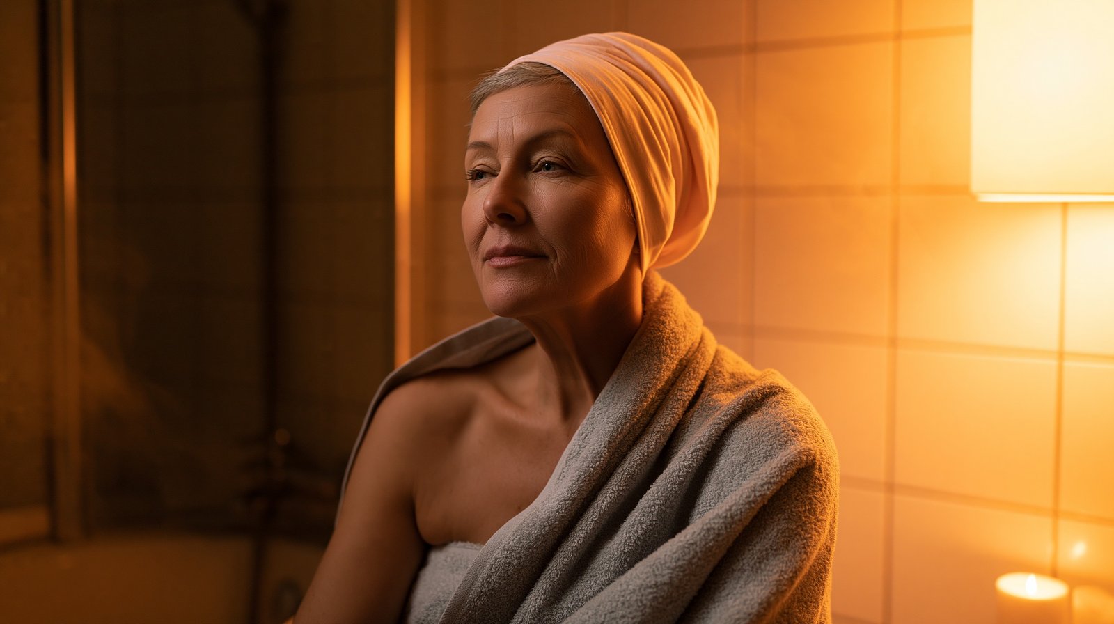 Adult woman over 55 after an evening bath showing step two of the evening routine for better sleep with joint pain, warm bathing 1 to 2 hours before bed.