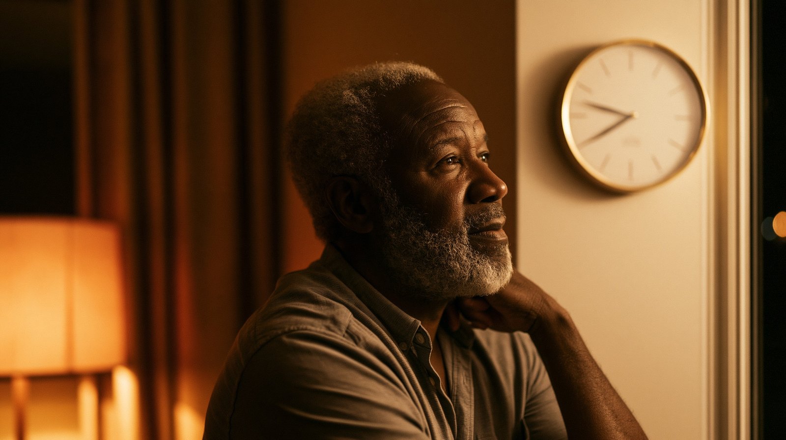 Adult man over 55 checking the time in a softly lit living room showing the importance of consistent timing when building an evening routine for better sleep with joint pain.