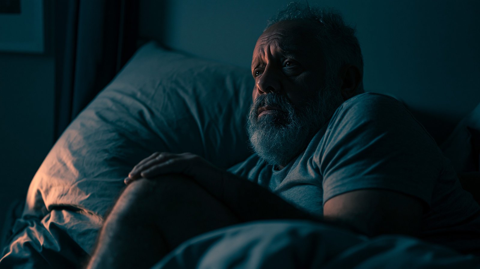 Adult man over 55 lying awake in bed at night showing how joint pain disrupts sleep and why building an evening routine for better sleep with joint pain can break the cycle.